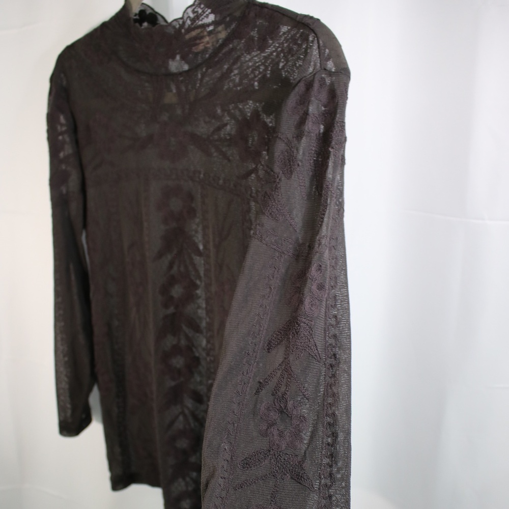 Vintage Sundance Small Sheer Long Sleeved Top with Embroidery Dark‎ Brown